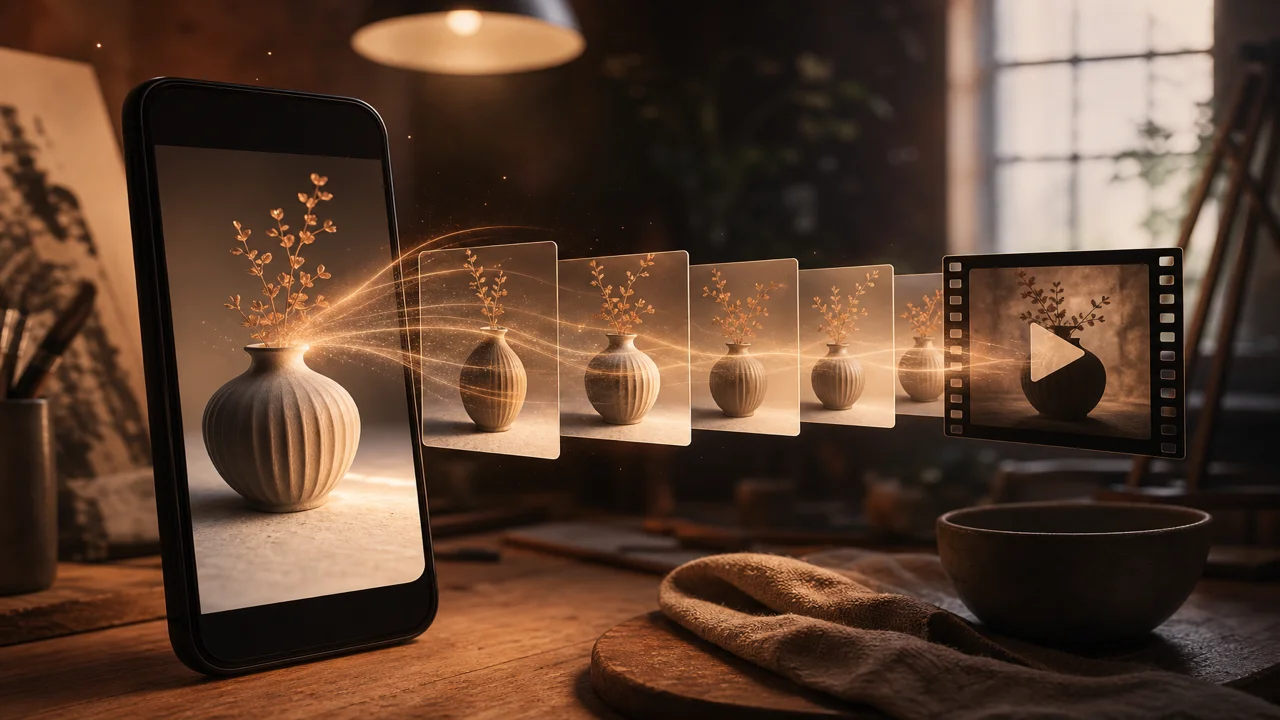 Cinematische scène van een telefoon die een AI-beeld genereert als startpunt voor een korte video