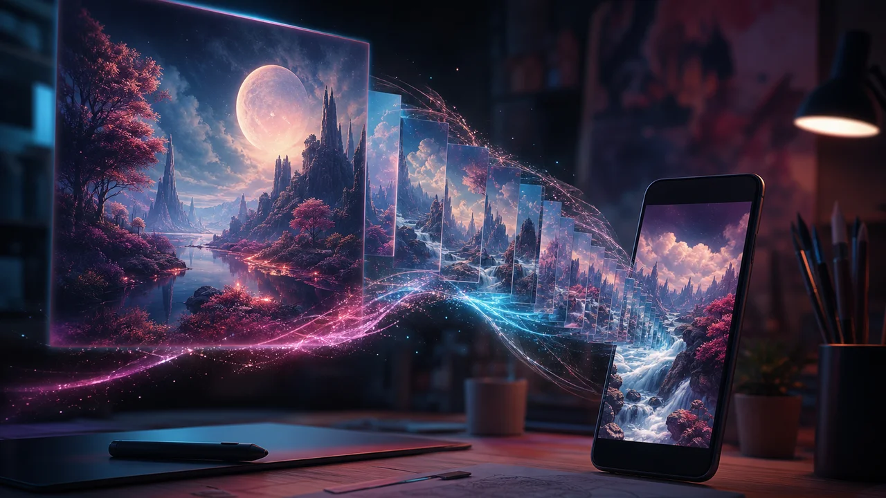 Surreal landscape still dissolving into glowing motion frames flowing toward a phone