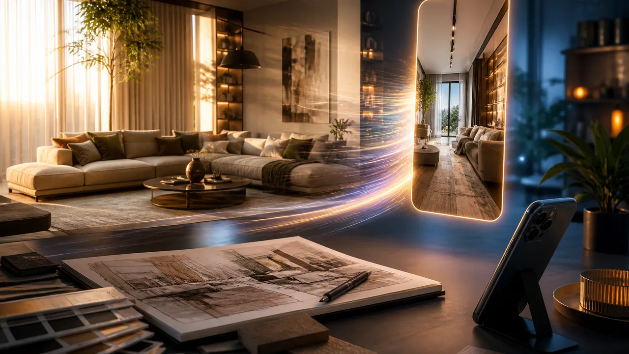 Sunlit room concept still transforming into a short vertical walkthrough clip on a phone