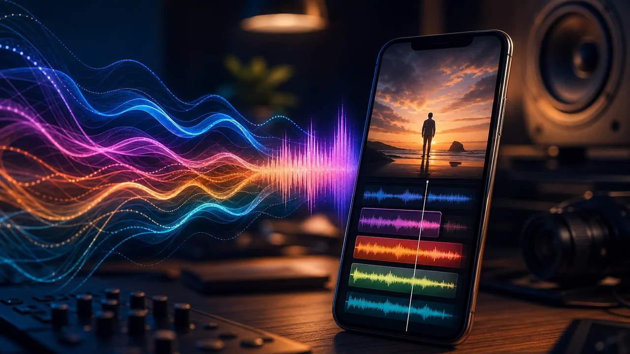Waveform ribbons flowing into a vertical video timeline suggesting AI music and sound effects for short clips