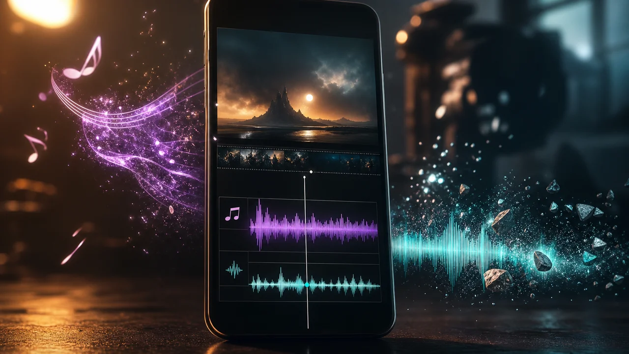Verticale videotimeline met muziekspoor en geluidseffect-golfvorm op telefoon