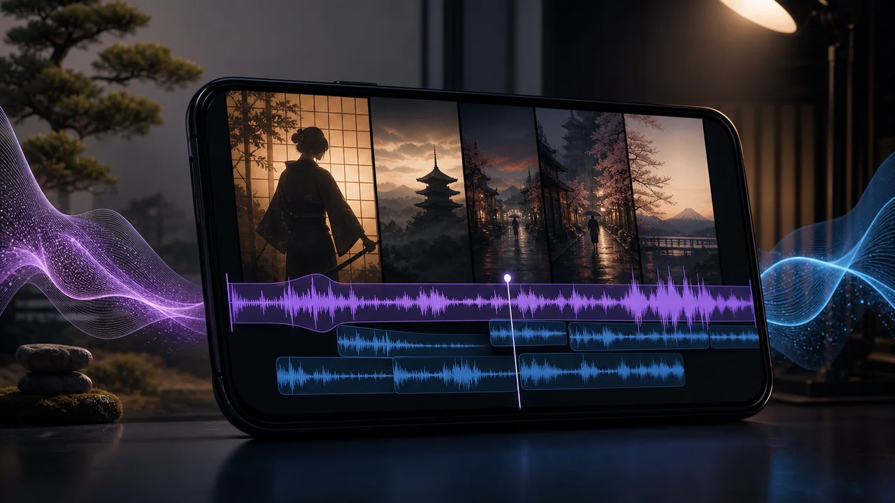 スマホのタイムライン上に音波と短尺動画が重なるシネマティックなイラスト