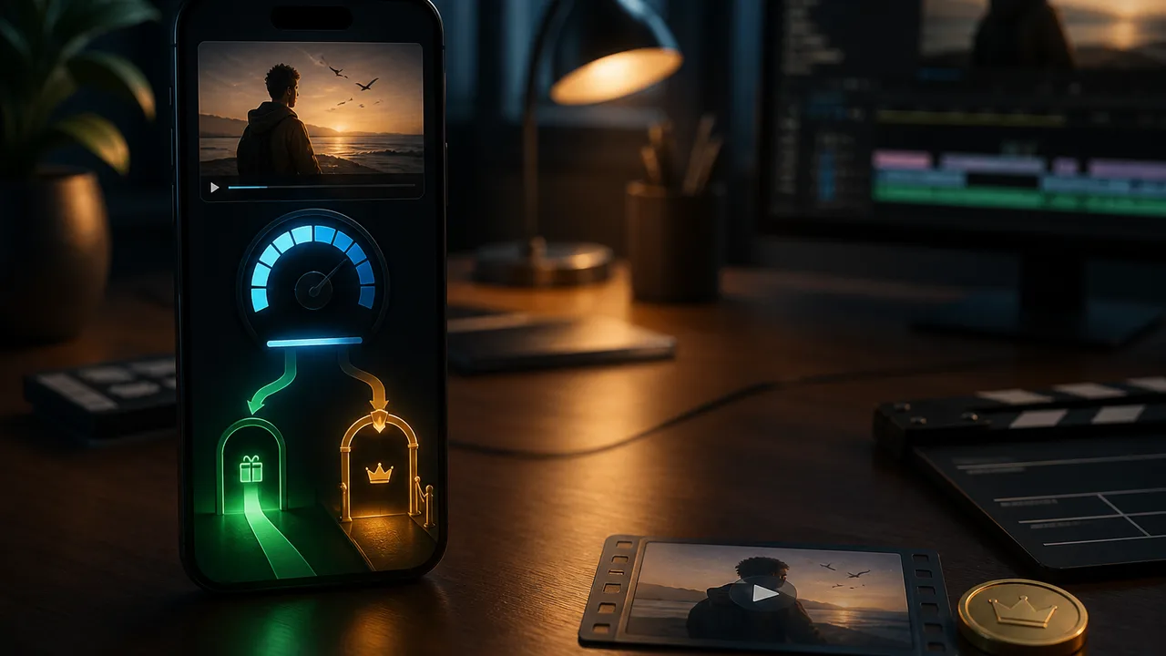 Creditmeter naast een free pad en Pro-poort naar een korte clip