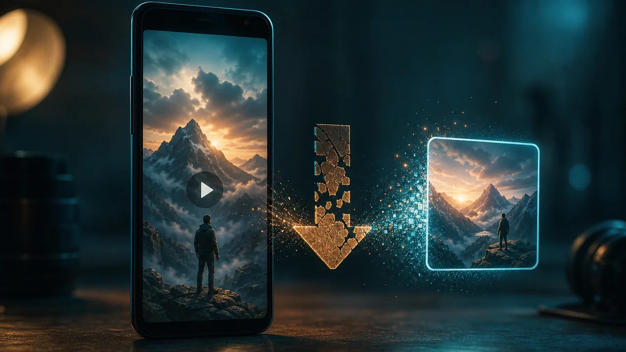 Vertical AI clip on a phone dissolving into a broken download arrow then a clear gallery tile