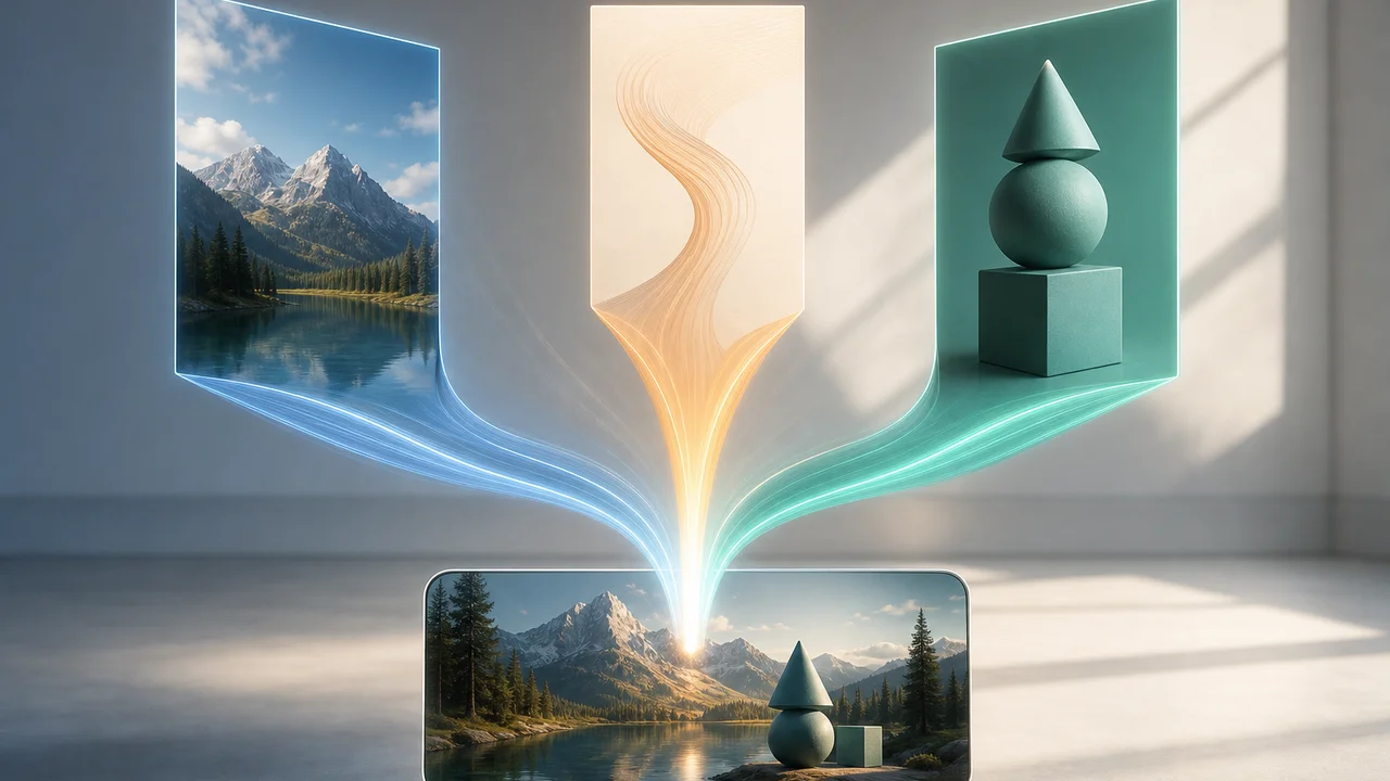 Drie lichtpaden van foto, prompt en template die samenkomen in één verticale clip