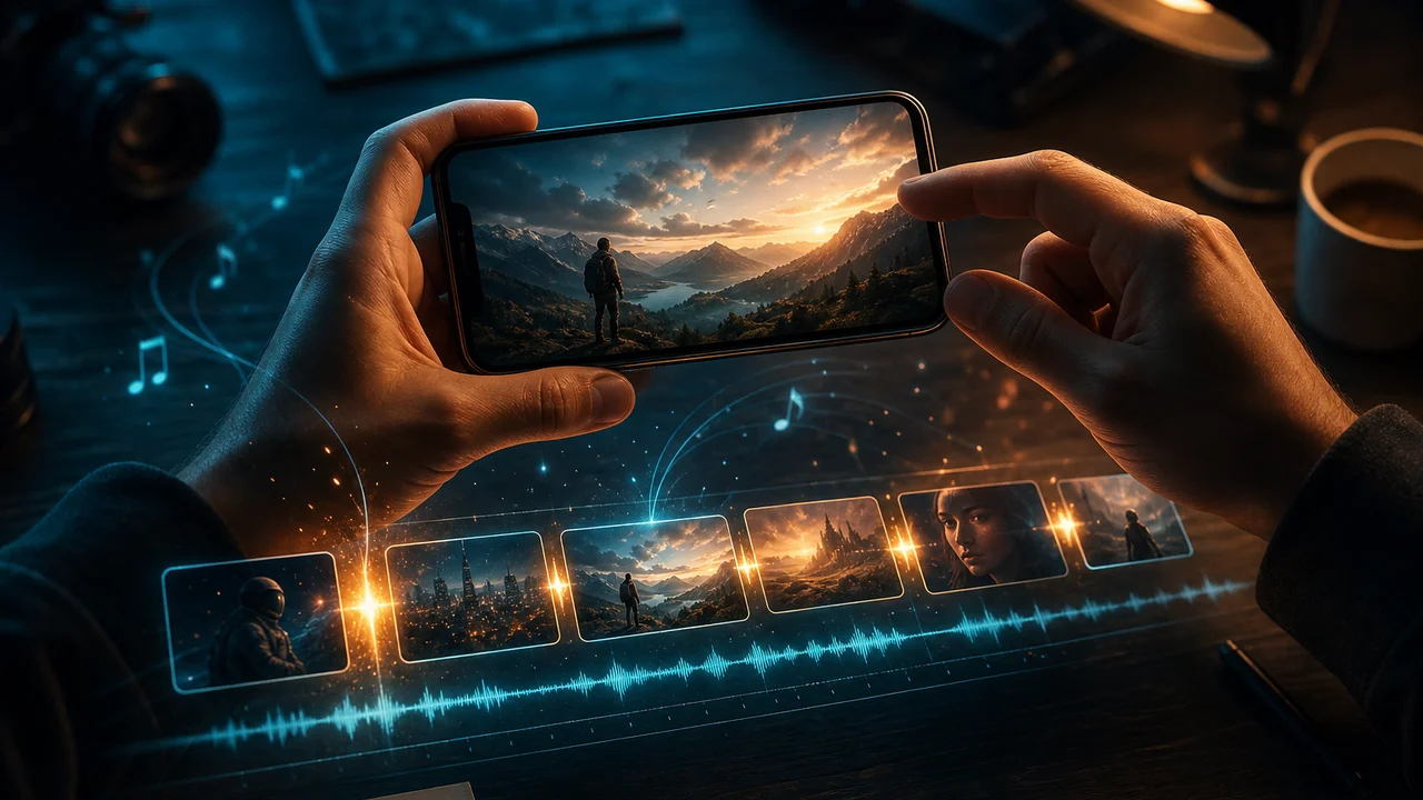 Layered translucent timeline panels over a phone suggesting mobile AI video editing workflow