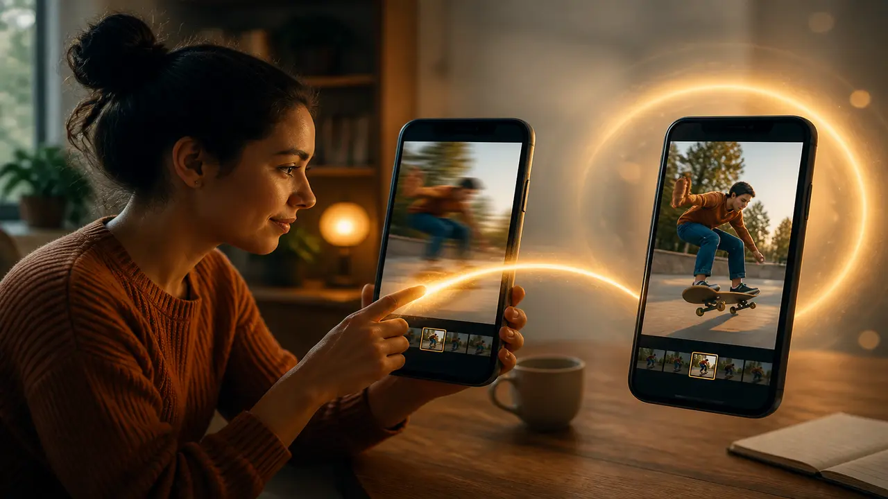 Phone screen with a drifting prompt and a corrected clip thumbnail, cinematic editorial light — topic animar foto com ia