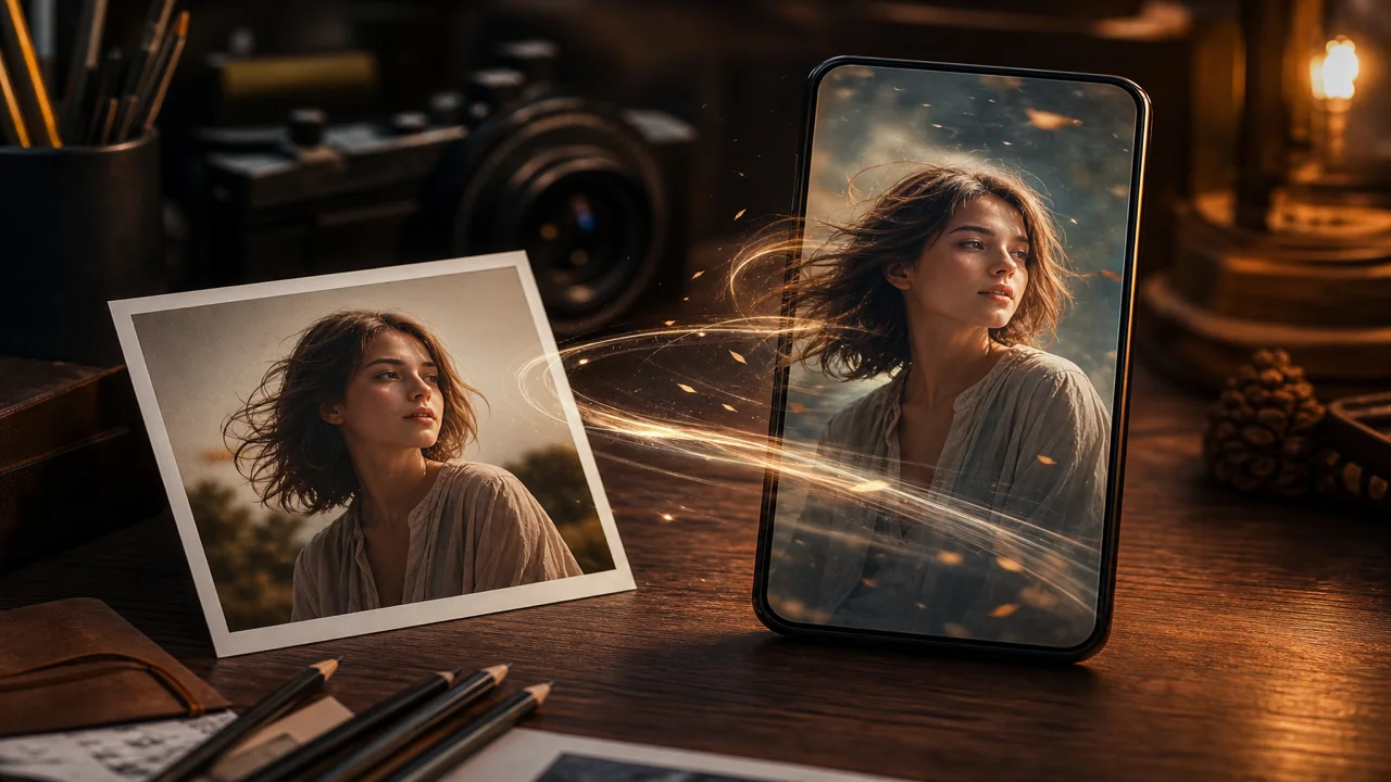 Photo fixe qui s'anime en clip vertical sur un téléphone, lumière éditoriale cinématographique
