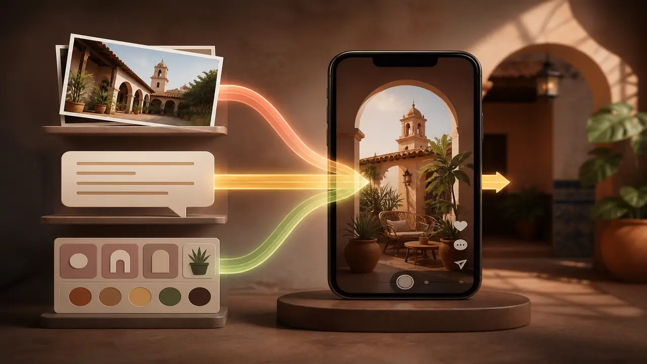 Three doorway icons for photo, text, and template paths leading to one vertical clip — topic app para crear videos con ia