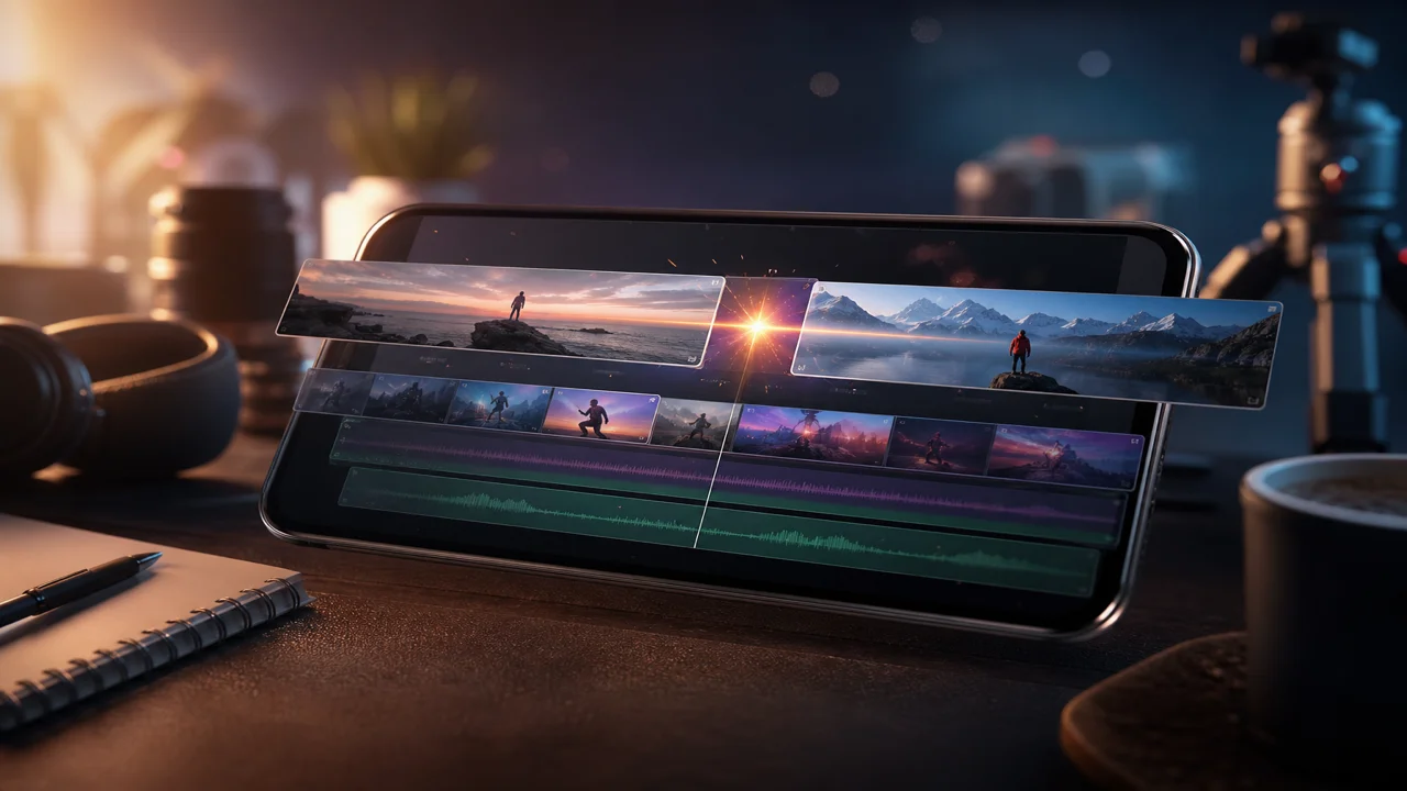 Timeline Studio trên điện thoại với clip AI và lớp chuyển cảnh