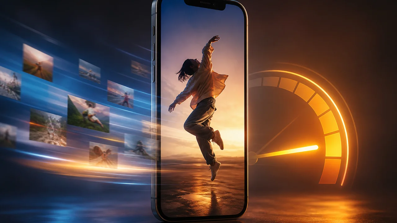 Teléfono con formato vertical Reels y líneas de movimiento suave — límites de la IA