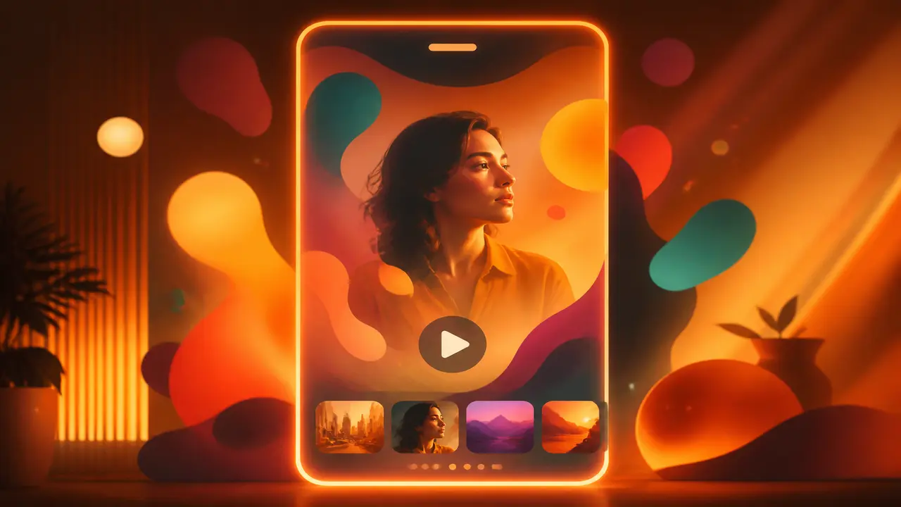 Cinematic editorial scene of a phone showing a short vertical clip beside a glowing prompt card — topic crear vídeos con ia