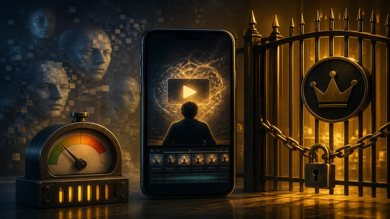 Credit meter beside a calm phone with a short clip and a subtle paywall gate metaphor — topic criar vídeo com inteligência artificial