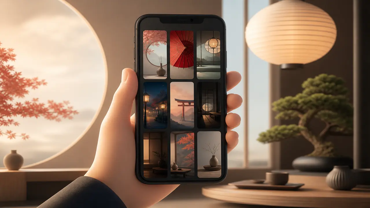 Cinematic editorial scene of a phone showing a short vertical clip beside a glowing prompt card — topic 動画テンプレート