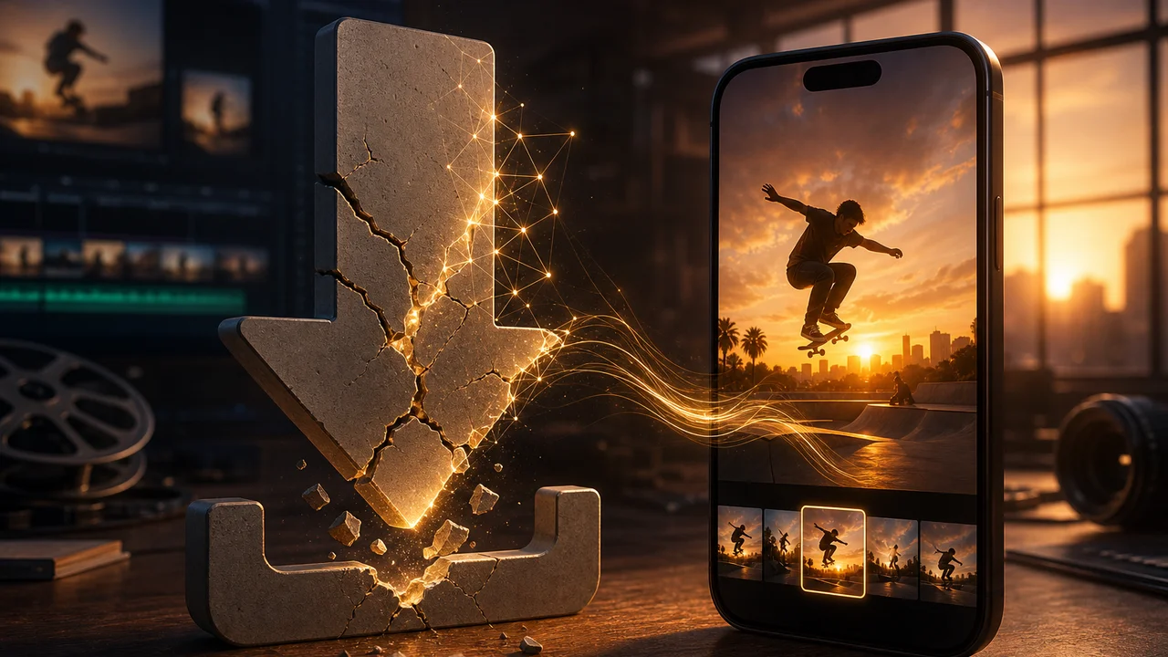 Seta de download quebrada que se reconstitui quando o clip entra na galeria