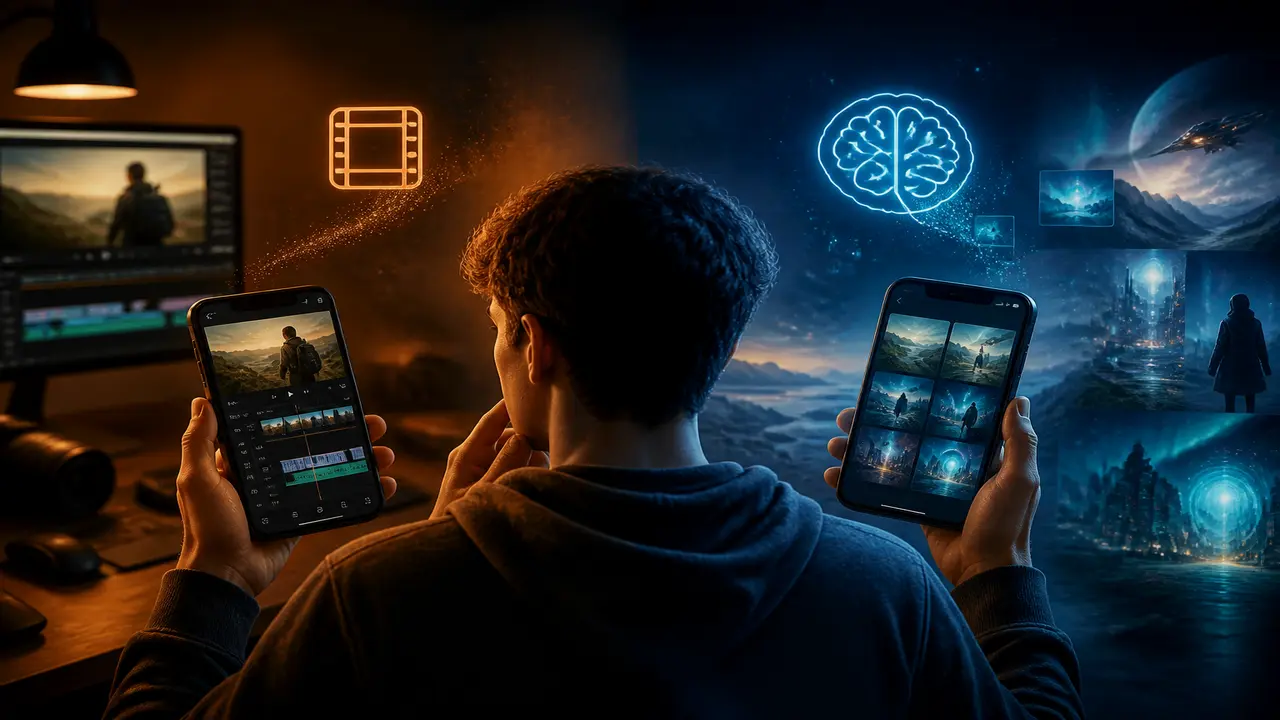 Three doorway icons for photo, text, and template paths leading to one vertical clip — topic edytor wideo ai