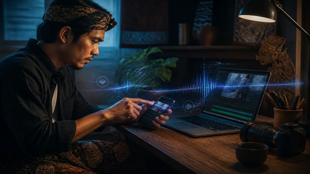 Cinematic editorial scene of a phone showing a short vertical clip beside a glowing prompt card — topic efek suara ai
