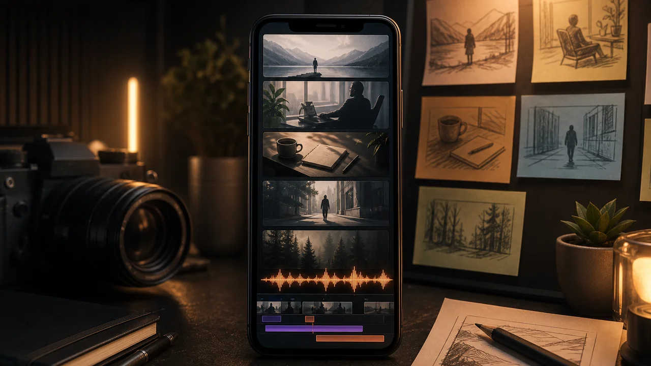 Silhouette figure beside a glowing vertical phone frame suggesting faceless short-form video creation