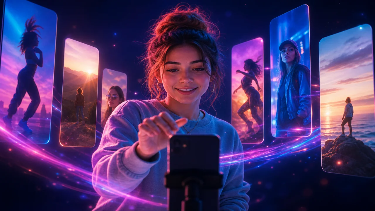 Tela vertical de celular com clipe dinâmico e luz neon suave