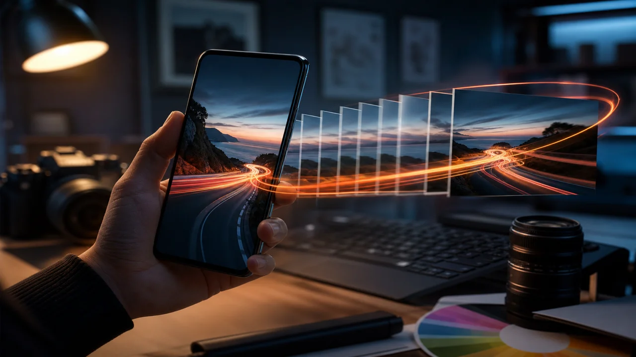 Fotografia ferma su smartphone con effetto movimento verso clip verticale