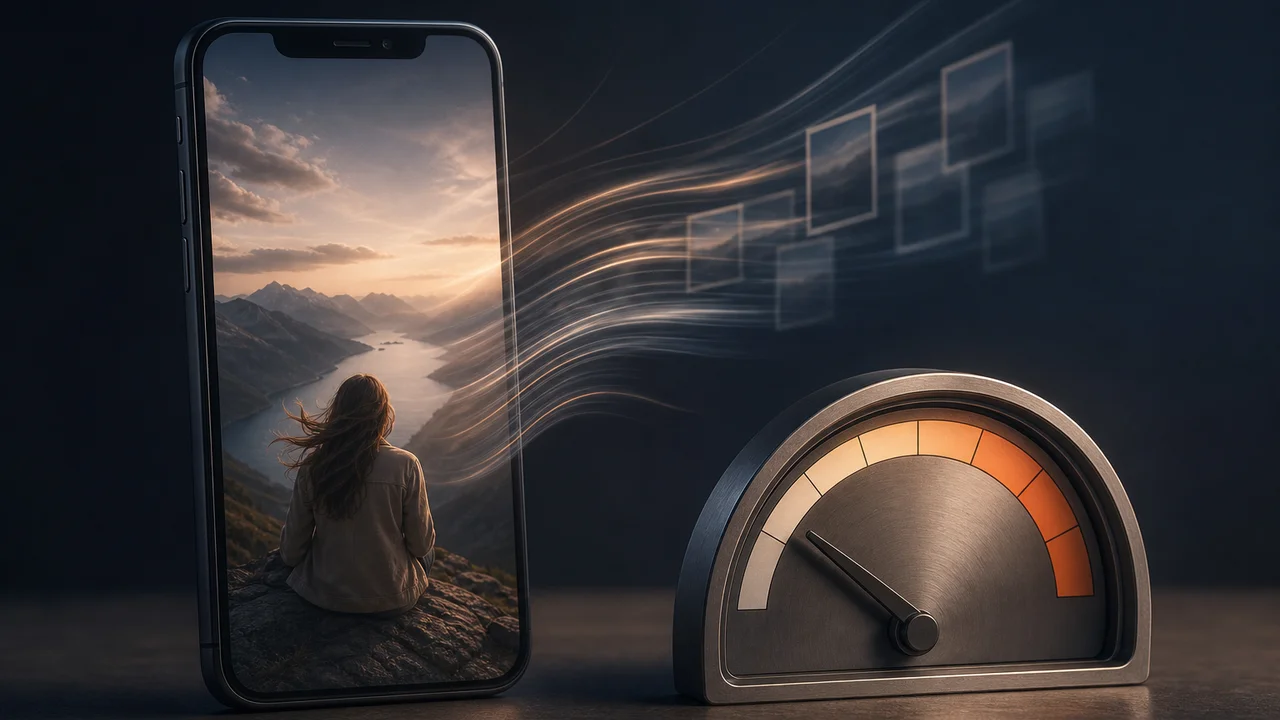 Smartphone mit Foto und sanften Bewegungslinien — Grenzen der Foto-zu-Video-KI
