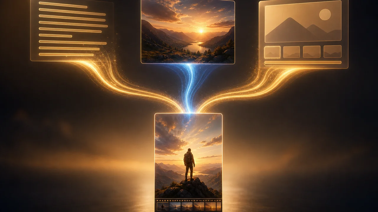 Tres rutas luminosas desde texto, foto y plantilla hacia un clip vertical