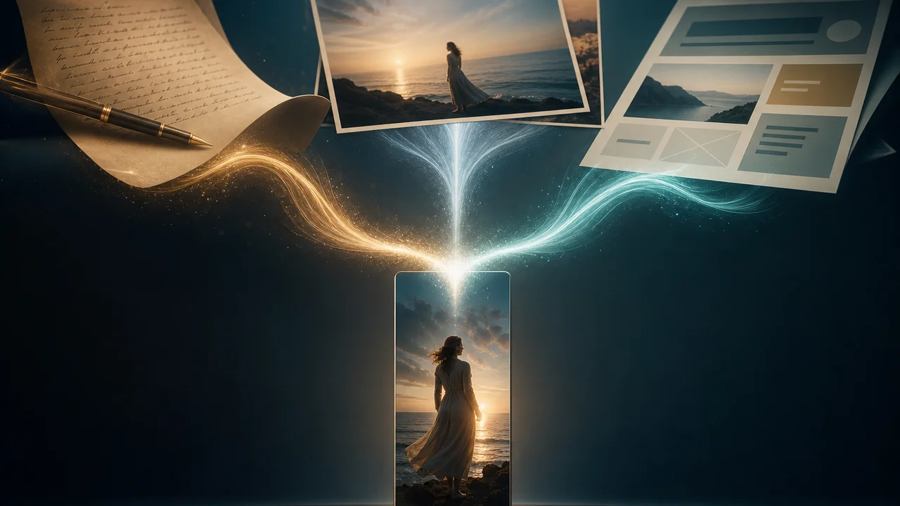 Trois chemins lumineux texte, photo et modèle convergeant vers un clip vertical