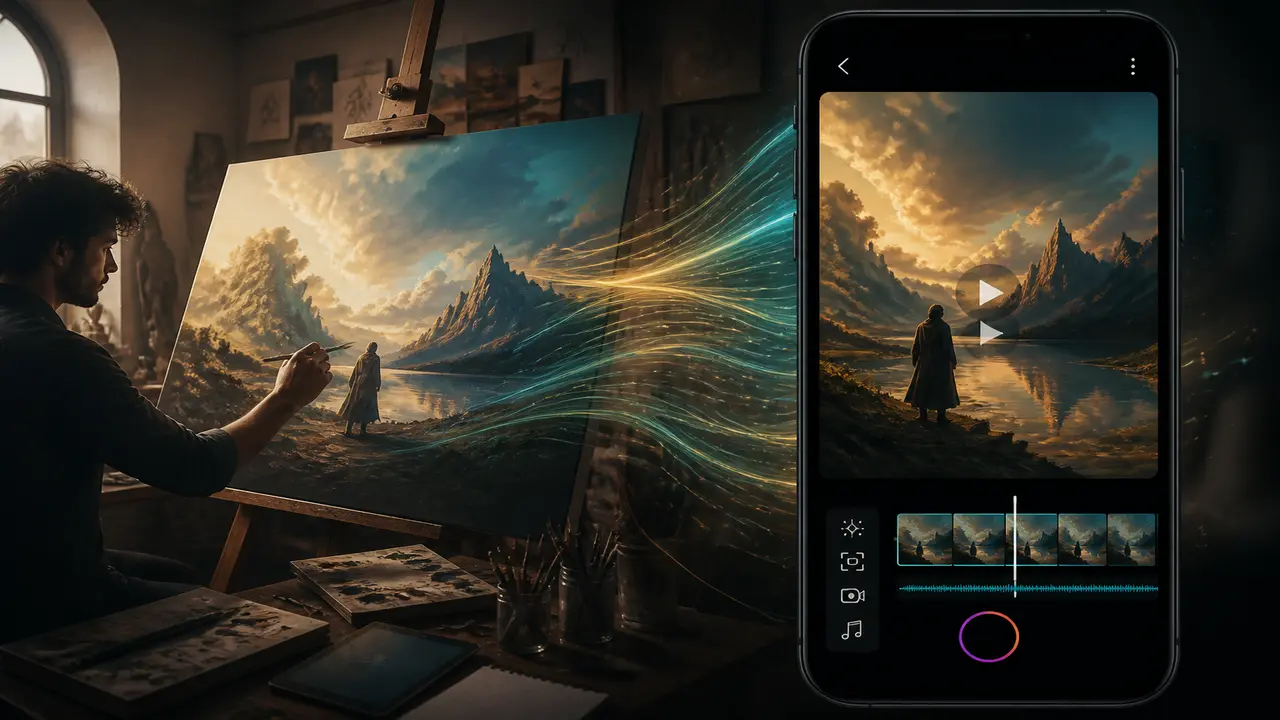Stylized studio desk with phone timeline, soft light trails, and a vertical video frame — topic generatore immagini ai