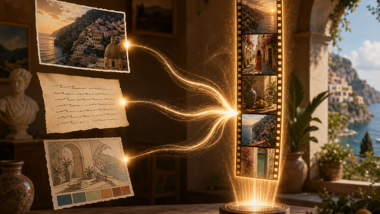 Tre percorsi luminosi da foto, testo e template che convergono in un clip verticale