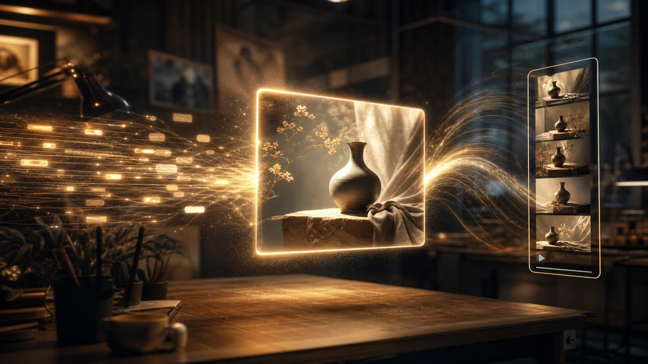 Luz de prompt virando imagem de produto flutuante e depois uma faixa de frames verticais