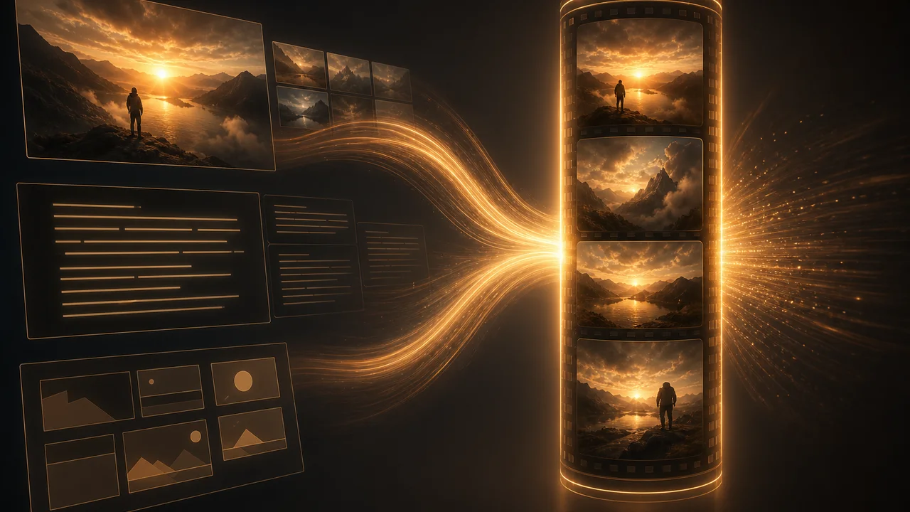 Três caminhos luminosos de foto, texto e template convergindo num clip vertical