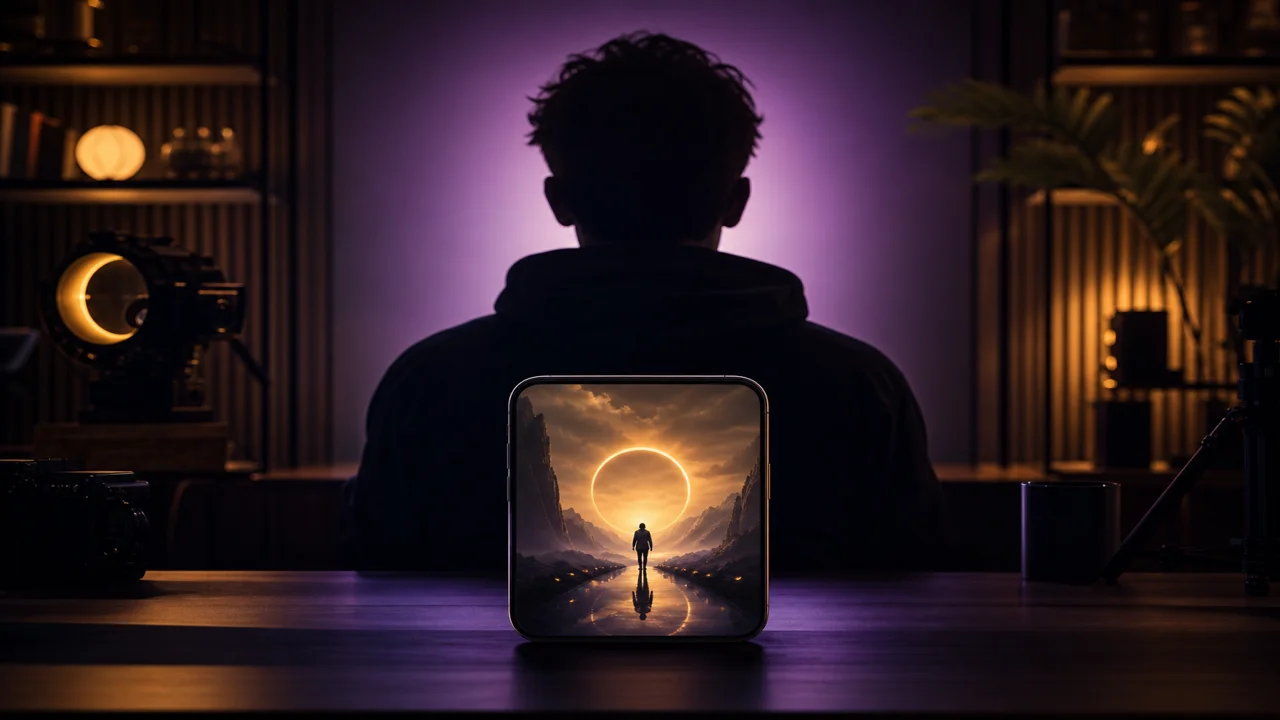 Silhueta anônima atrás de tela de celular com clipe em geração, luz cinematográfica