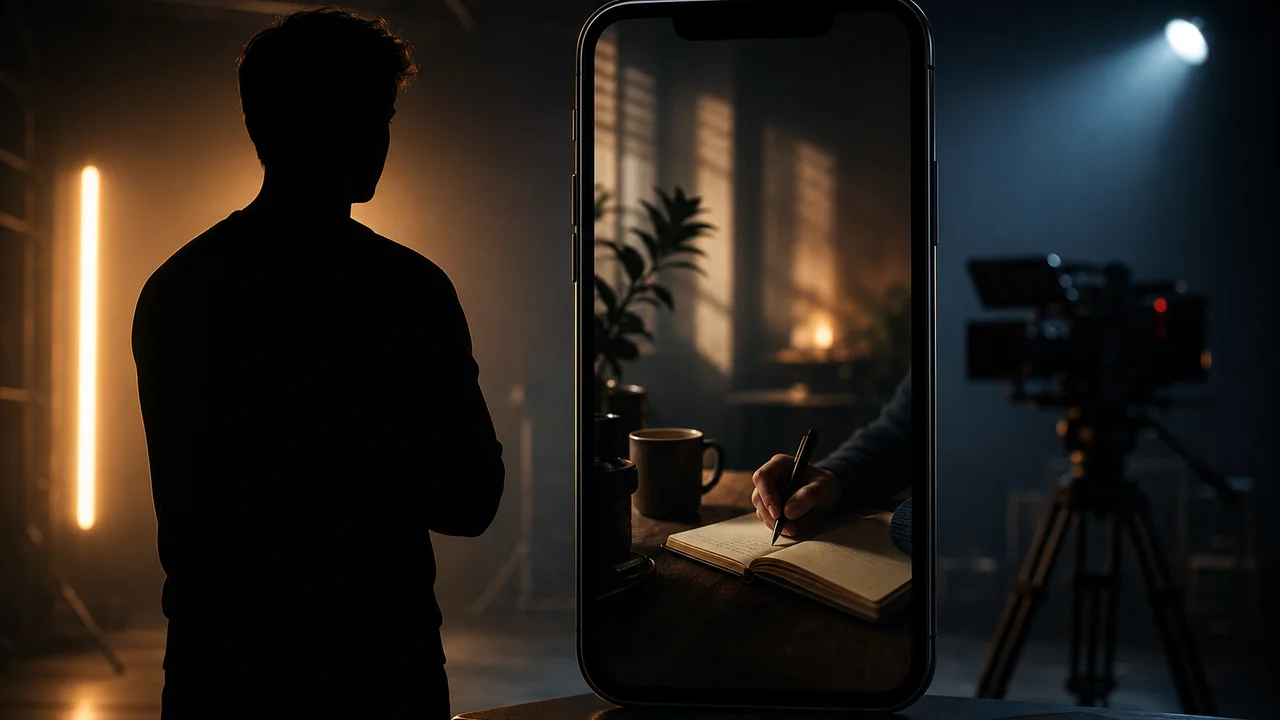 Silhouet naast verticale telefoon met AI-scène zonder gezicht in beeld