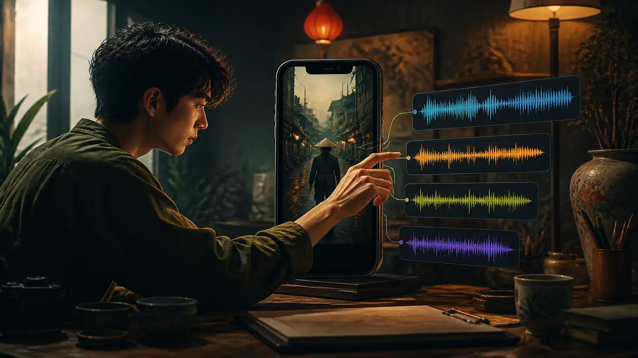 Cinematic editorial scene of a phone showing a short vertical clip beside a glowing prompt card — topic hiệu ứng âm thanh ai