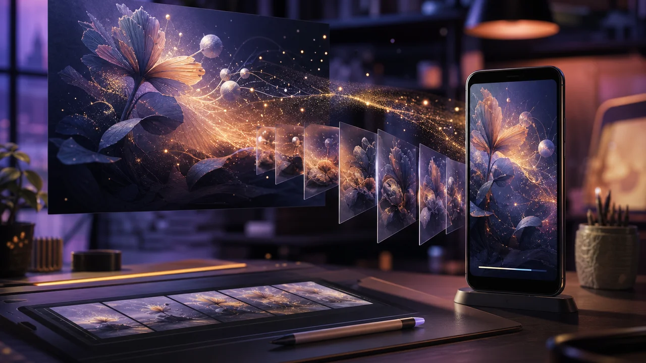 Botanisches KI-Still, das in leuchtende Bewegungsframes zum Smartphone übergeht
