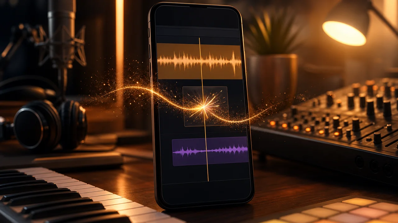 Mobile Studio-Timeline mit Musikwelle und Soundeffekt-Spur auf vertikalem Kurzclip