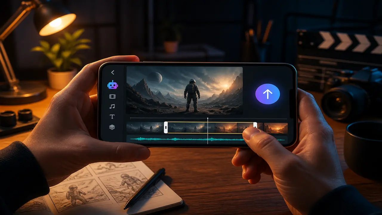 Stylized studio desk with phone timeline, soft light trails, and a vertical video frame — topic ki video editor