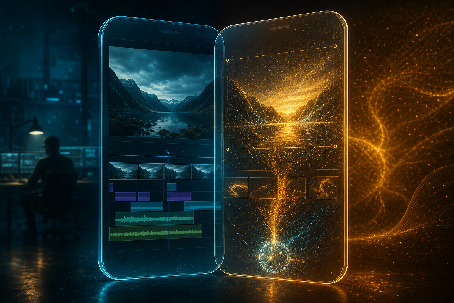 Zwei sich überlappende Smartphone-Silhouetten — eine mit Timeline, eine mit KI-Generierungssymbol