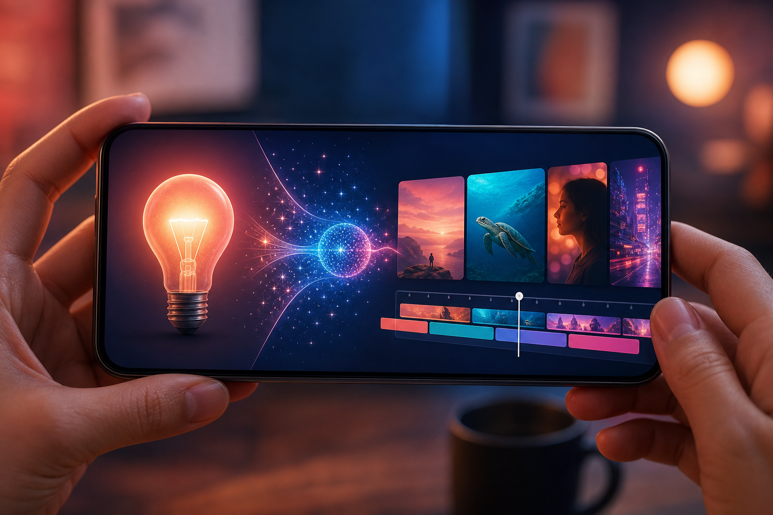 Handy-Bildschirm mit Kurzvideo-Timeline und weichen KI-Lichtakzenten