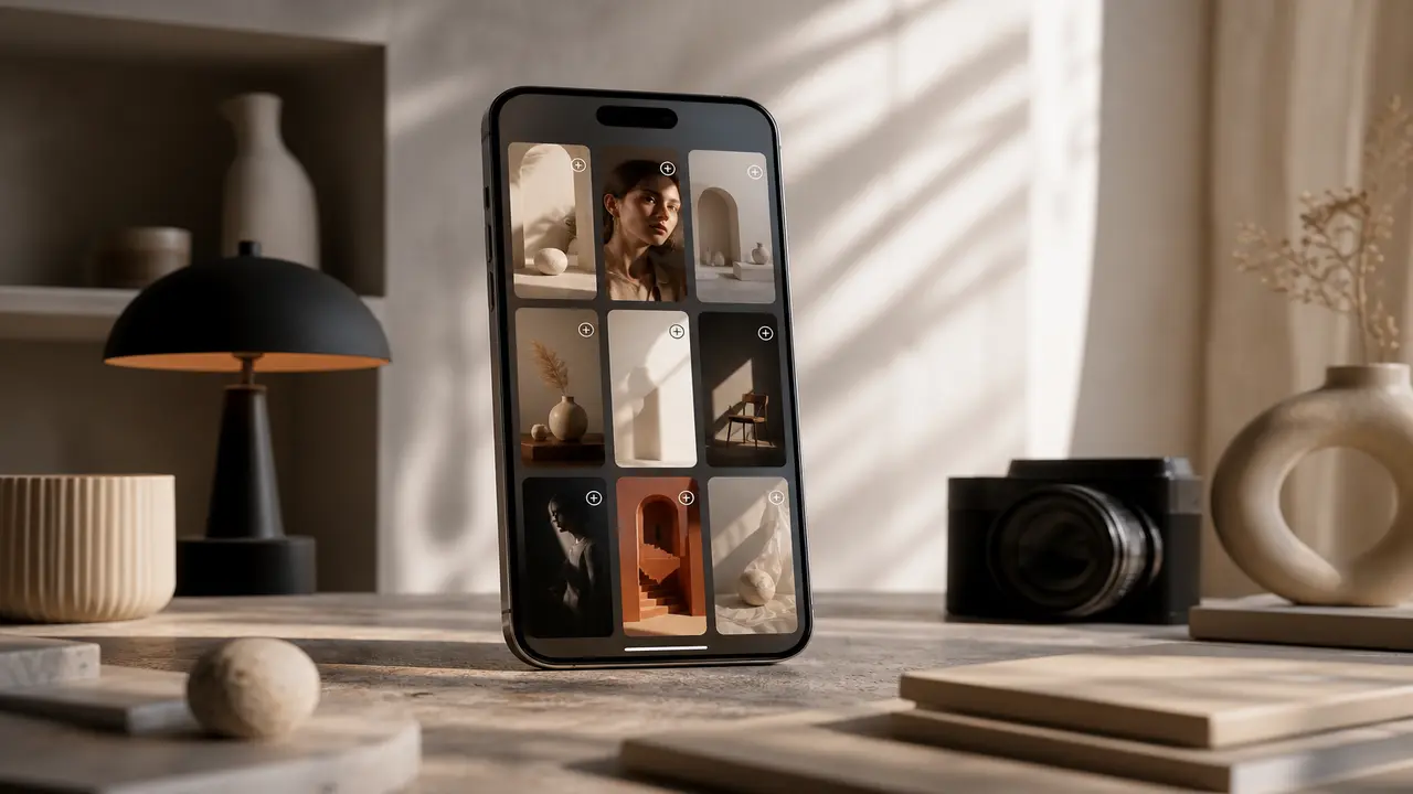 Cinematic editorial scene of a phone showing a short vertical clip beside a glowing prompt card — topic modèles vidéo pour réseaux sociaux
