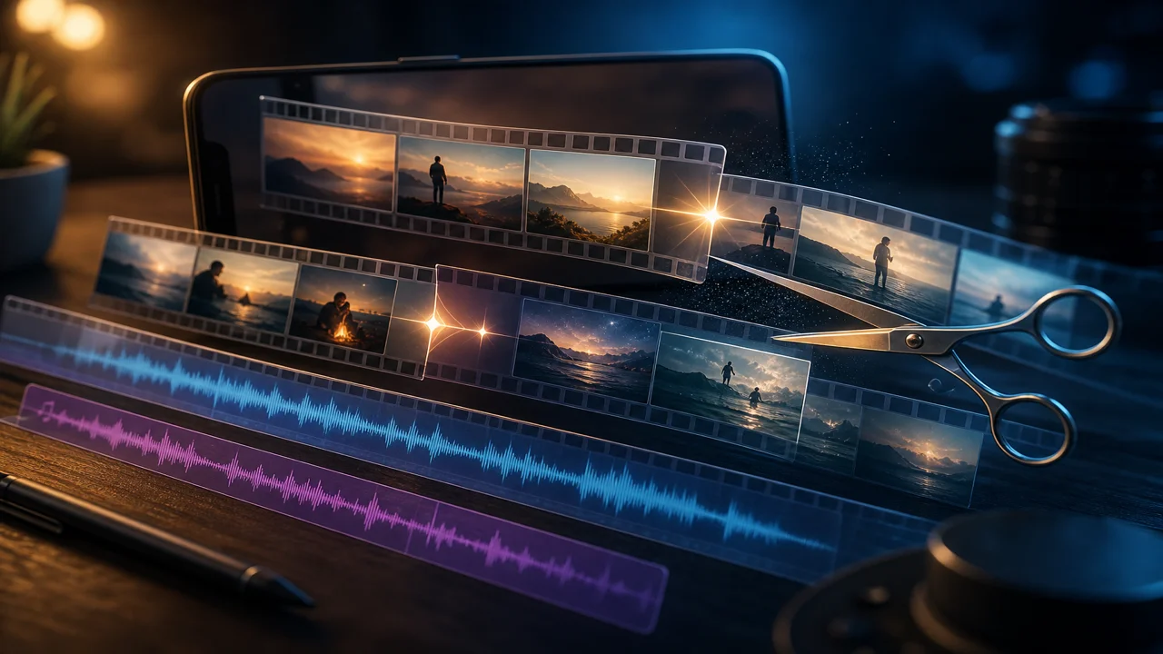 Timeline de montage mobile avec pistes vidéo, transitions et pistes audio IA