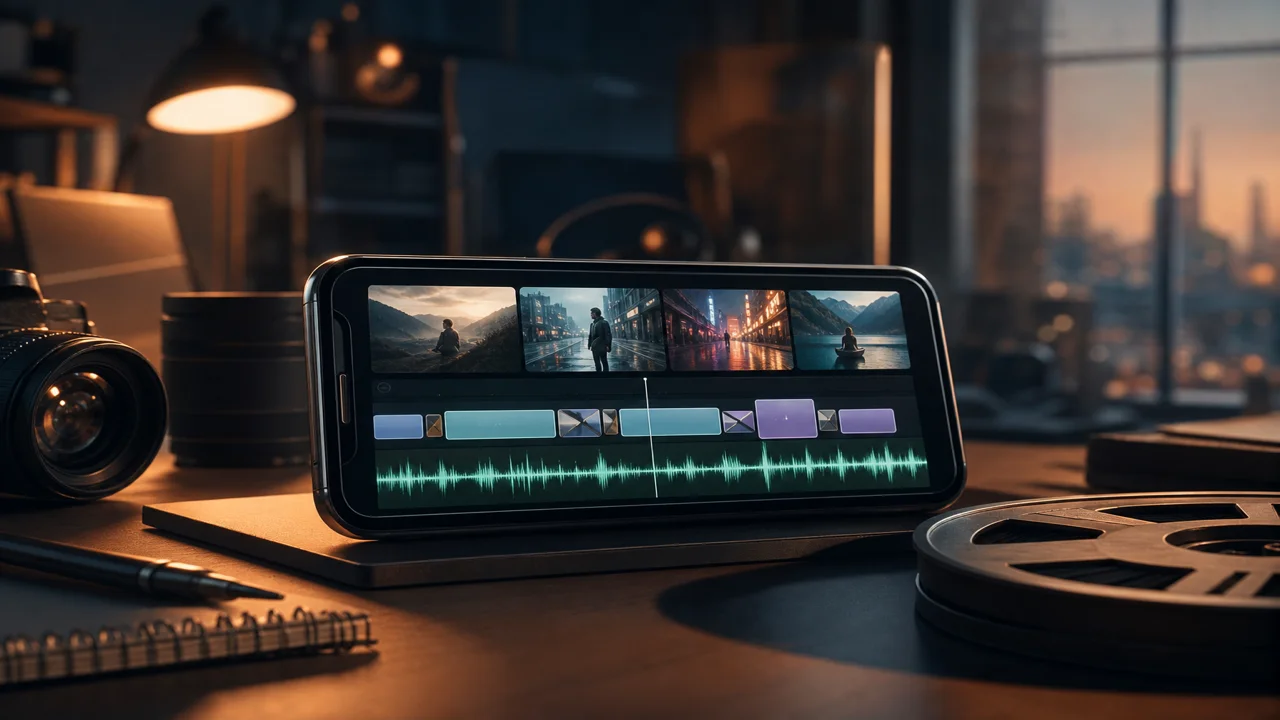 Timeline montaggio video su smartphone con clip verticale e traccia musicale