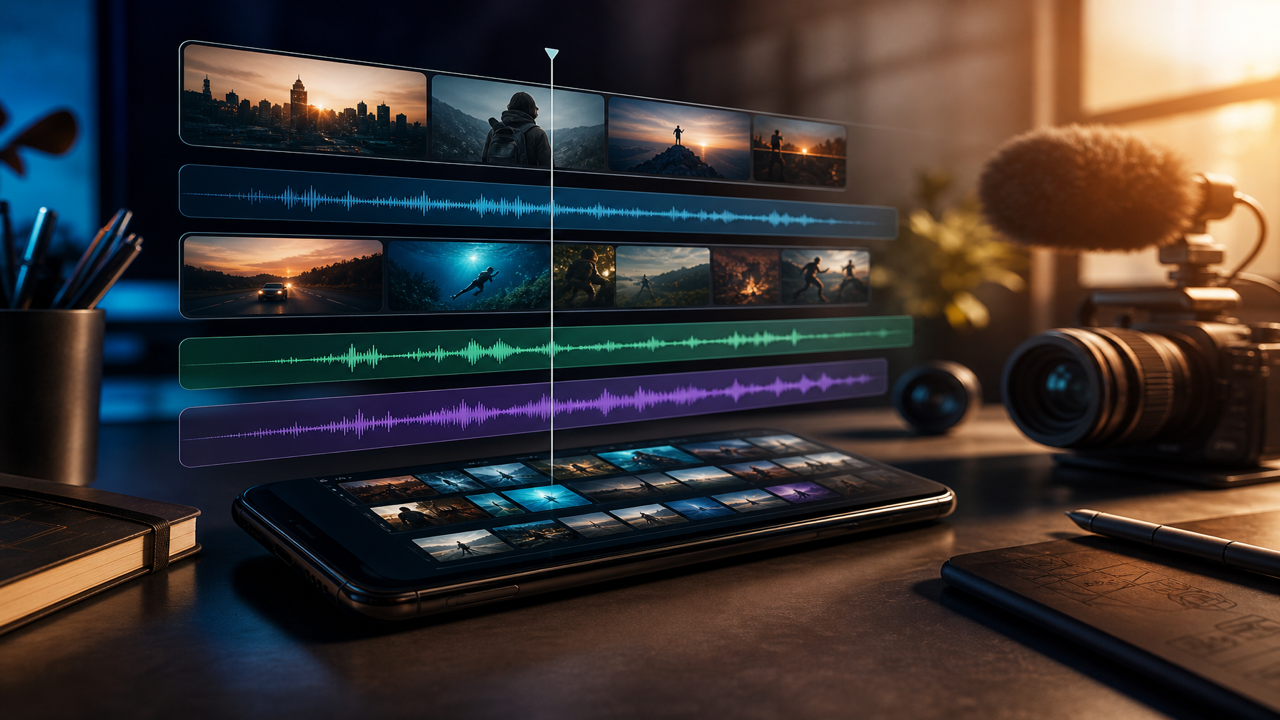 Línea de tiempo creativa en un móvil con capas de vídeo y ondas de audio en estilo editorial
