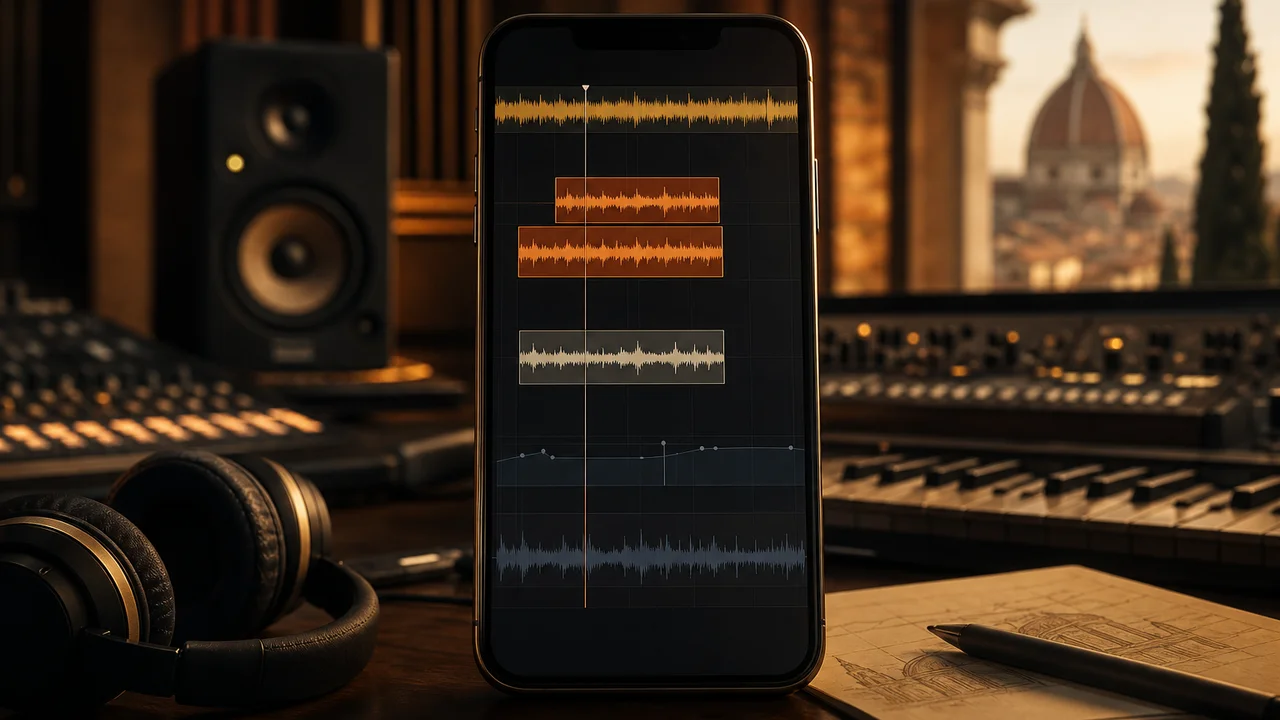 Timeline Studio su smartphone con traccia musicale e onde sonore su clip verticale