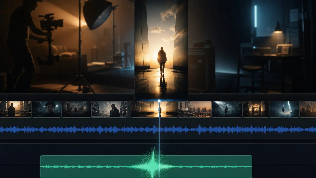 Timeline Studio en móvil con pista de música IA y efecto de sonido sobre clip vertical