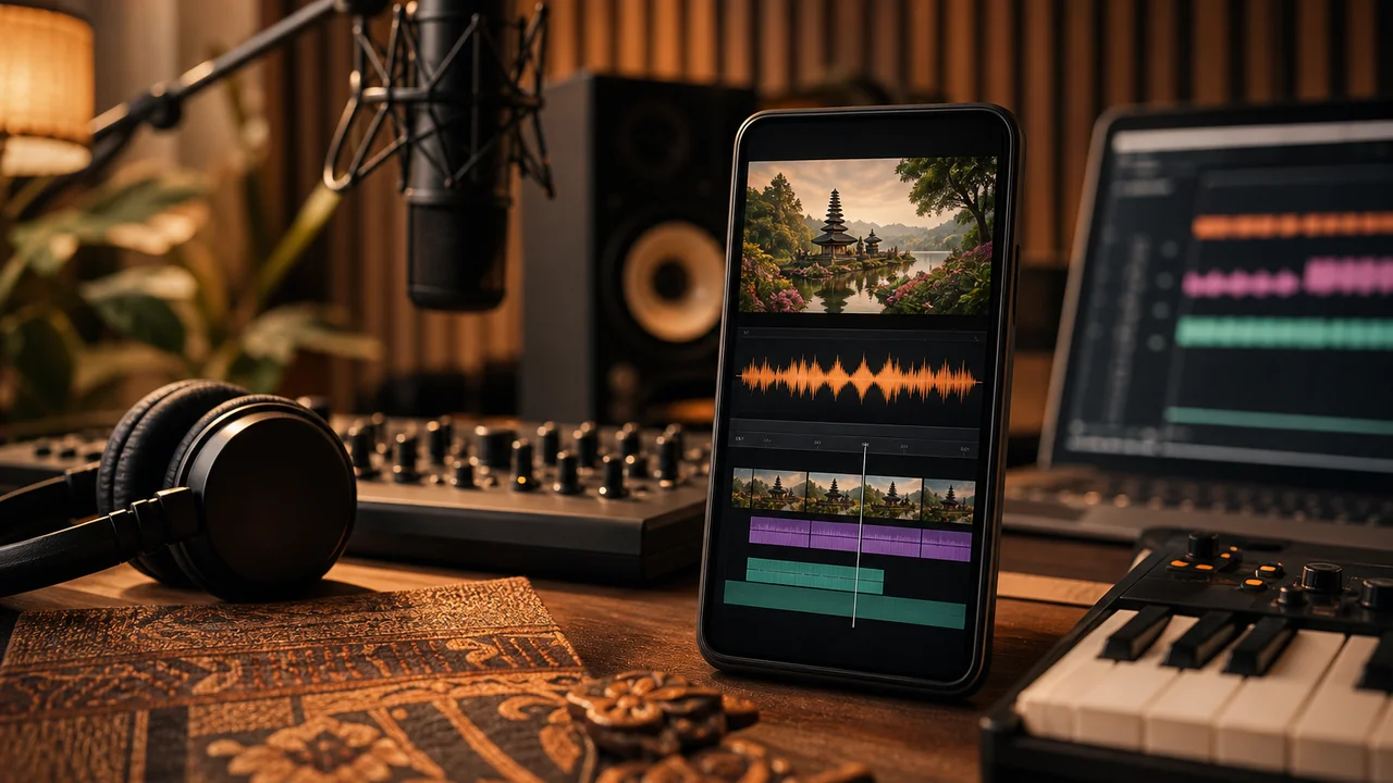 Gelombang audio dan timeline video vertikal di layar ponsel