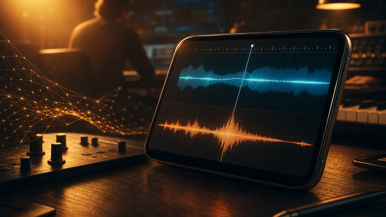 Timeline Studio mobile avec piste musique IA et onde d'effet sonore sur clip vertical