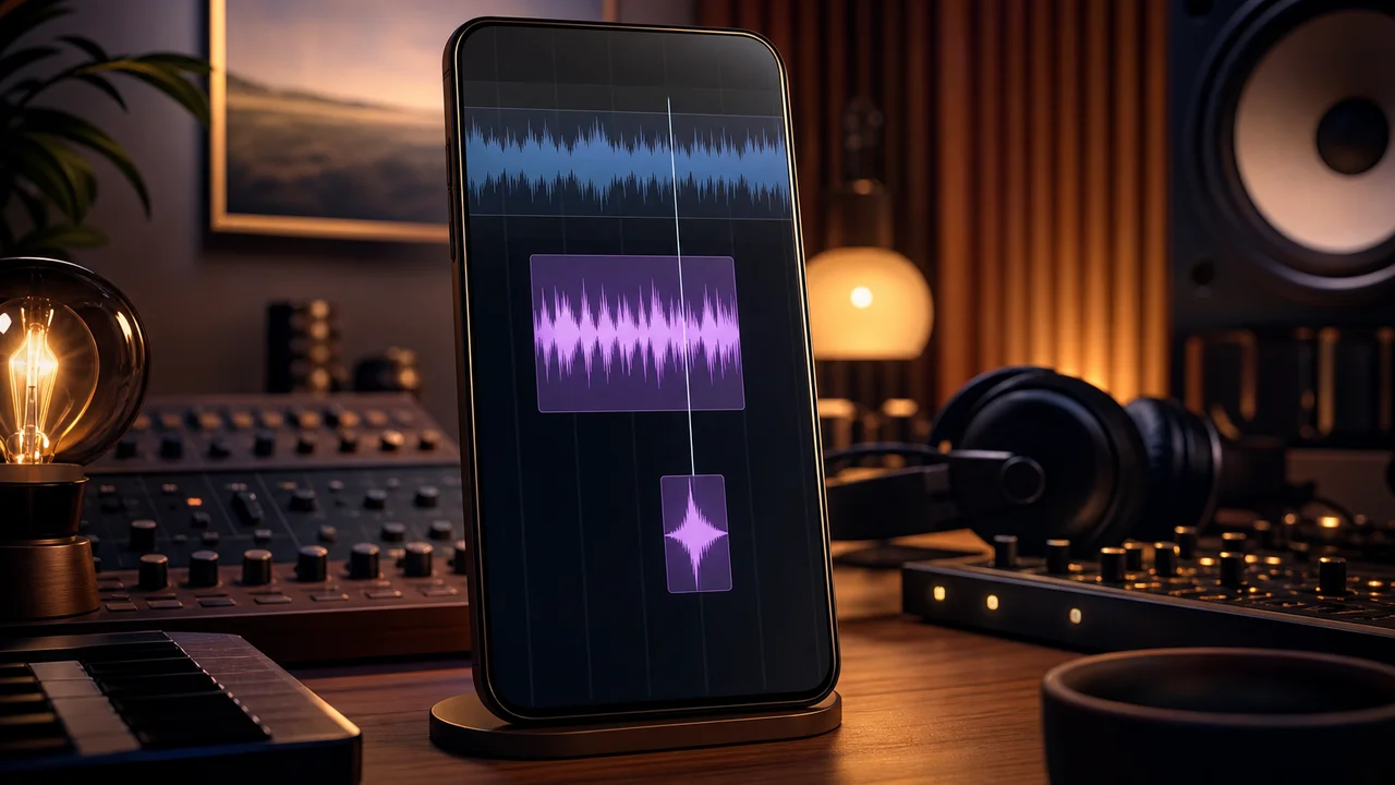 Oś czasu Studio na telefonie z ścieżką muzyki AI i efektem dźwiękowym na pionowym klipie