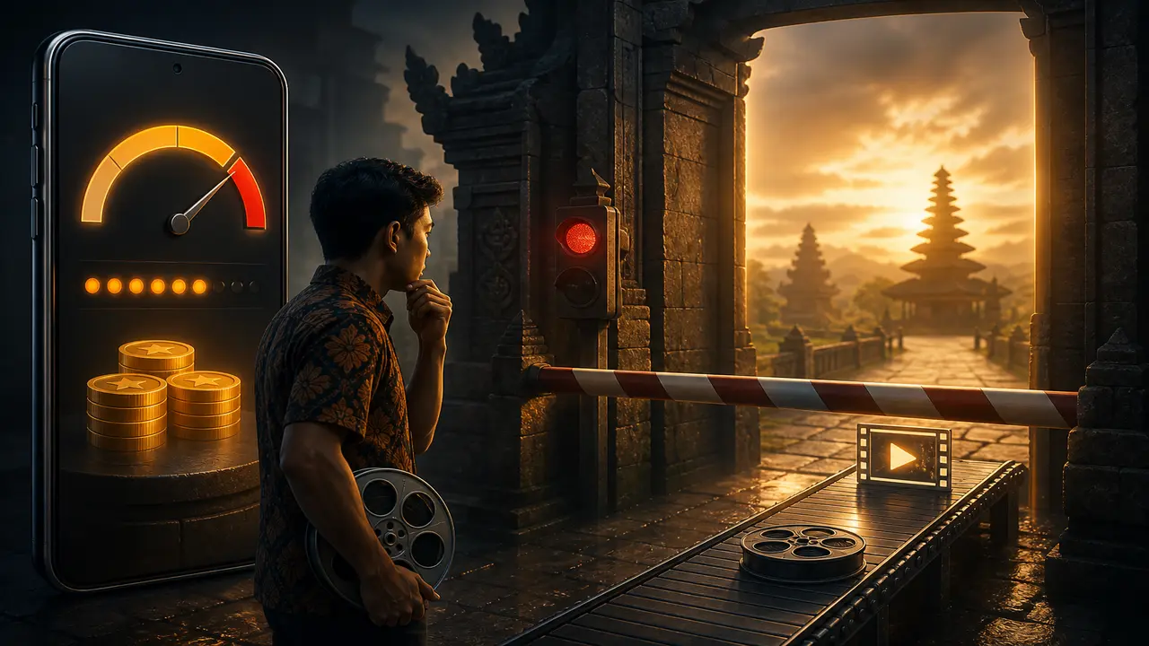 Credit meter beside a calm phone with a short clip and a subtle paywall gate metaphor — topic pembuat video ai