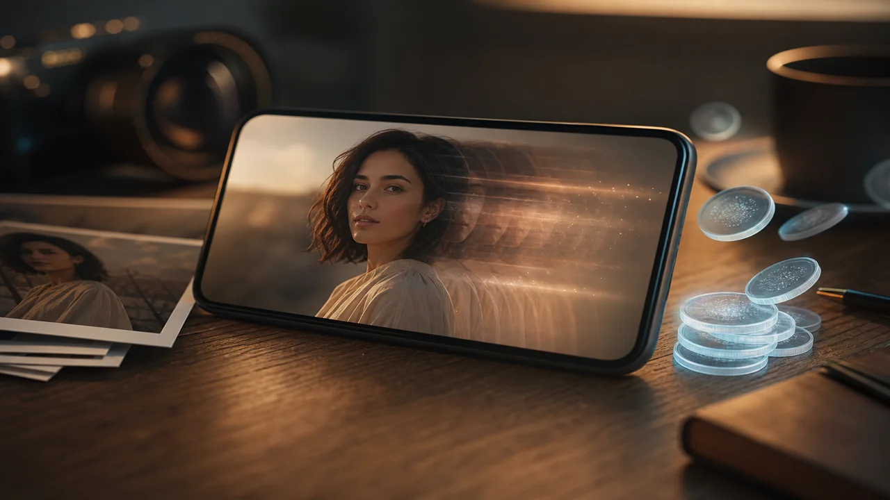 Photo fixe sur écran de téléphone avec flou de mouvement suggérant une animation photo en vidéo IA
